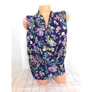 NEW  Everleigh V-Neck Inverted Front Pleat Blouse Women's S Floral Multi Navy